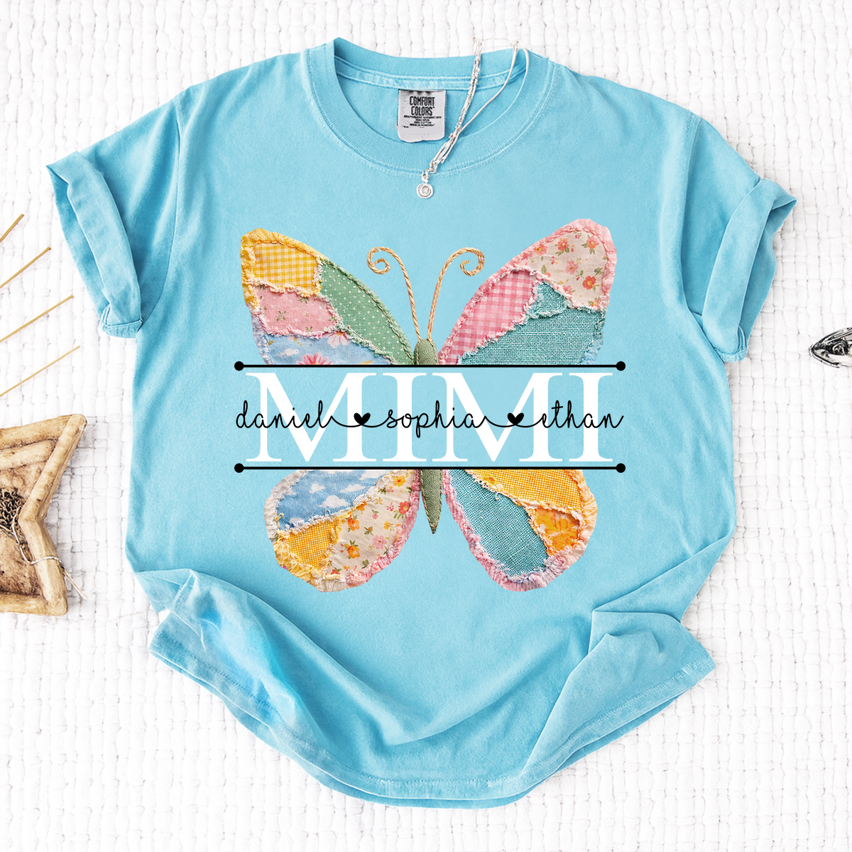 Comfort Personalized Mimi Shirt with Grandkids Names, Butterfly Patchwork Design Family Tee