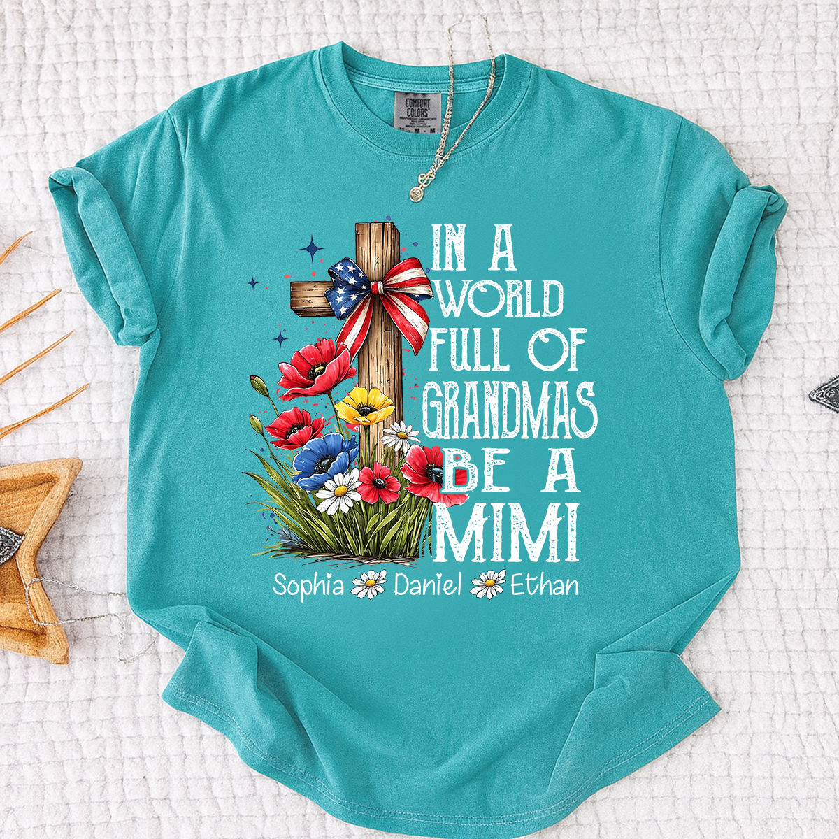 In a World Full of Grandmas Be a Mimi T-Shirt, Personalized Mimi T-Shirt with Cross and Floral Design