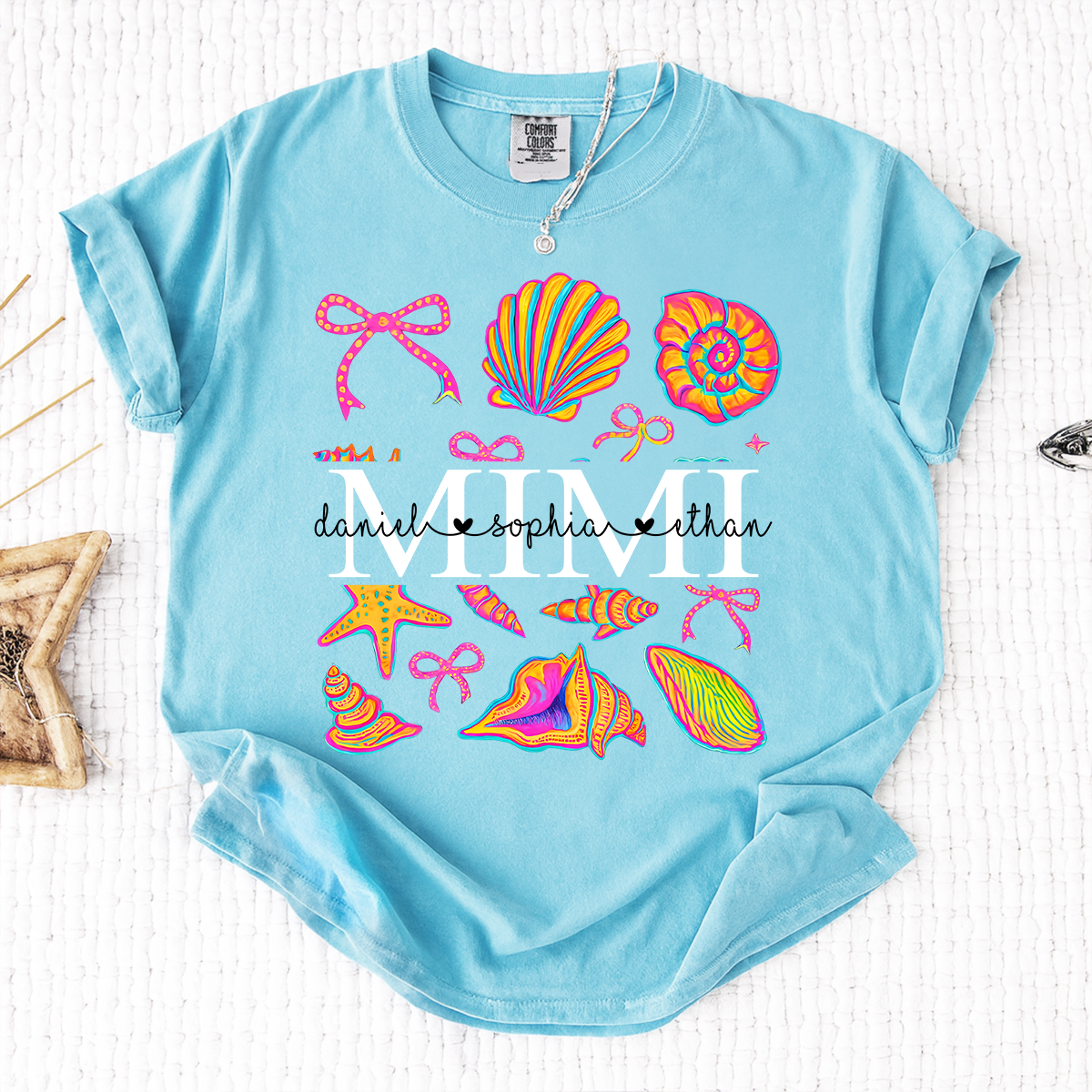 Comfort Colors Personalized Mimi Shirt with Names, Vibrant Seashell Beach Design Tee, Summer Family Gathering Outfit for Women