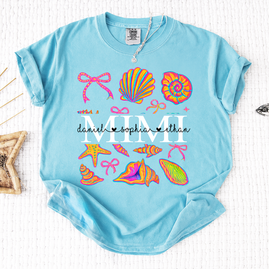 Comfort Colors Personalized Mimi Shirt with Names, Vibrant Seashell Beach Design Tee, Summer Family Gathering Outfit for Women