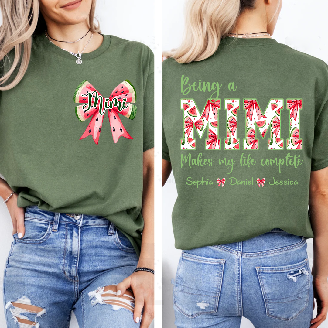 Mimi Custom Family Tee, Cute Watermelon Bow Shirt with Children’s Names, Gift for Mom Nana or Grandma