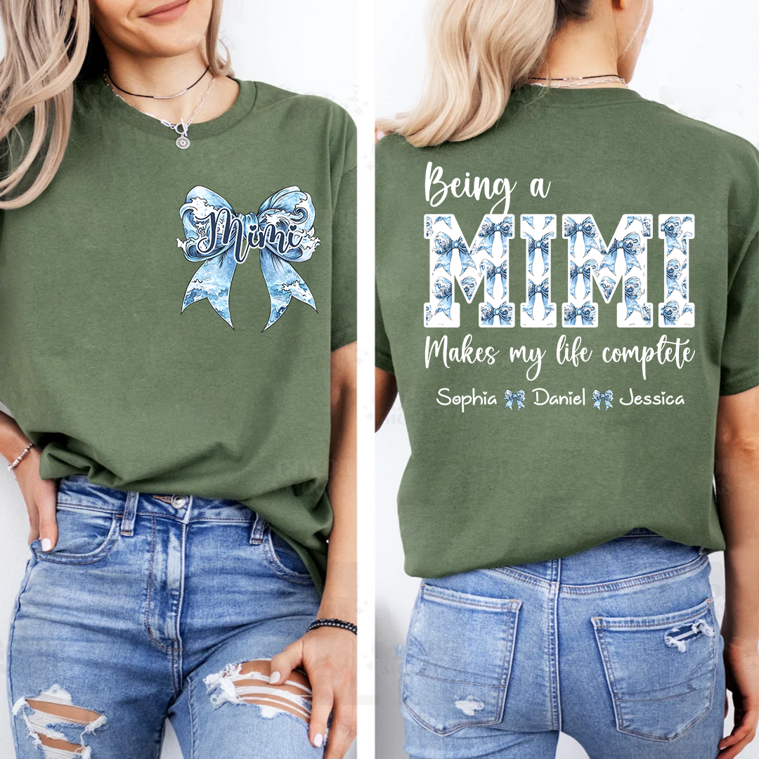 Custom Mimi T Shirt with Grandchildren Names, Blue Bow Coquette Back Design Tee, Personalized Grandma Apparel for Women
