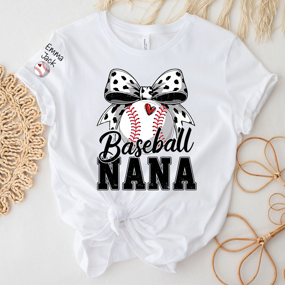 Proud Baseball Nana T Shirt, Personalized Kids Names Sports Shirt with Bow Graphic