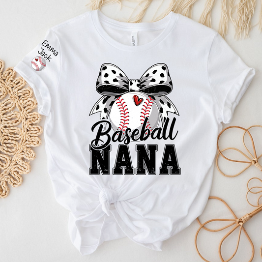 Proud Baseball Nana T Shirt, Personalized Kids Names Sports Shirt with Bow Graphic