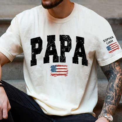 Personalized American Flag Printed Papa T-Shirt, With Custom Grandpa And Kids