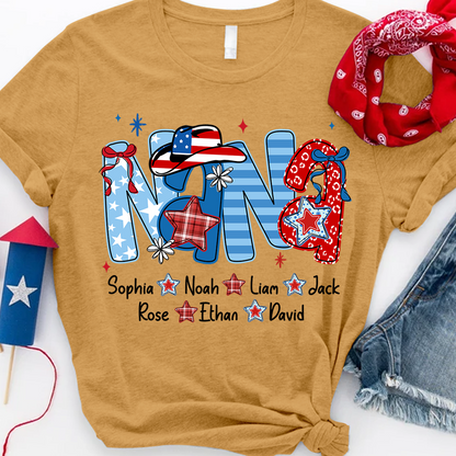 Custom Nana 4th July Independence Day American Flag T-Shirt For Grandma, Personalized Gift For Grandma And Kids