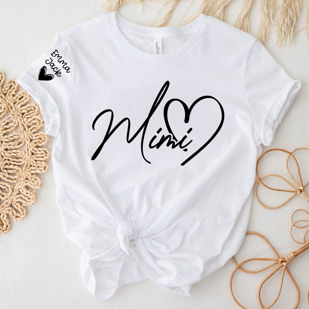 Personalized Family Mimi T Shirt with Custom Names, Simple Script Heart Design
