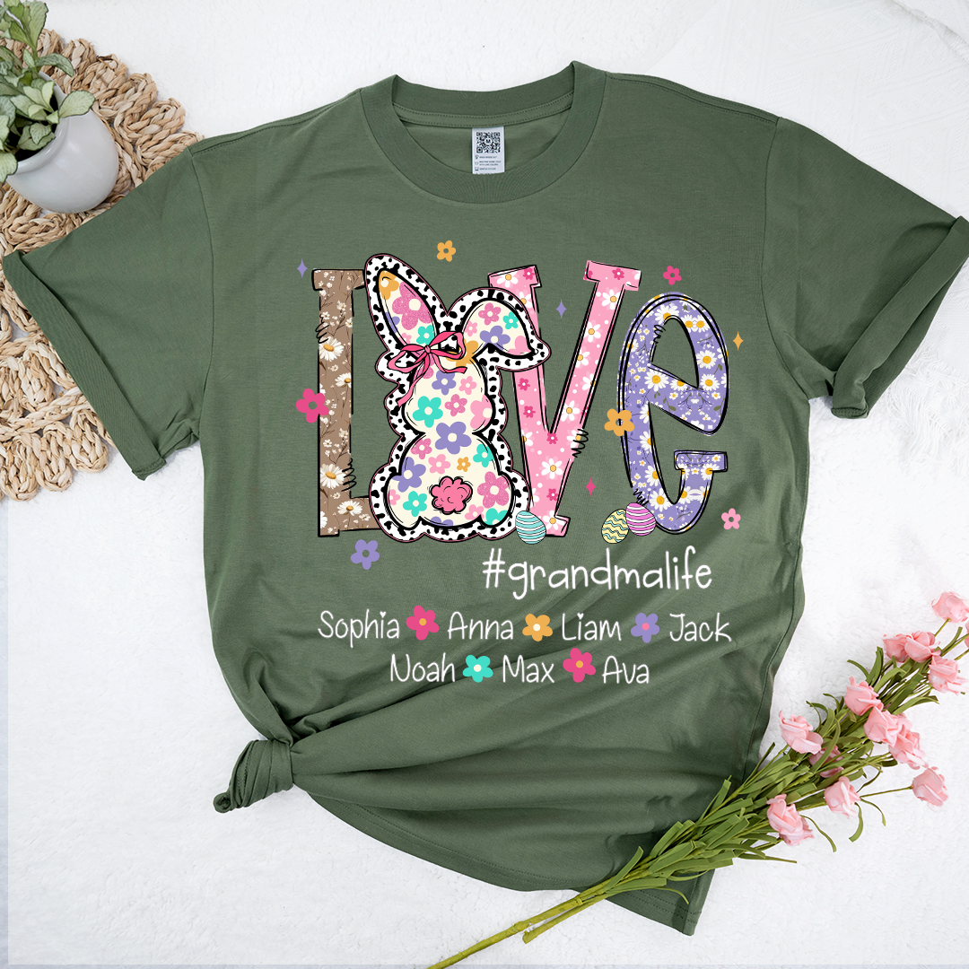 Personalized Love Grandma Liffe Easter T Shirt, Bunny And Egg Design With Names For Grandma And Kids