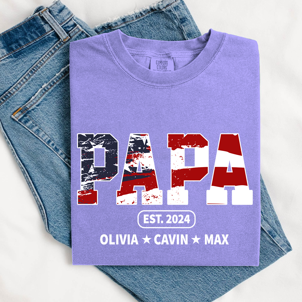 Comfort Colors® Papa Est Independence Day Shirt, Custom Nickname And Grandkids 4th Of July Shirt