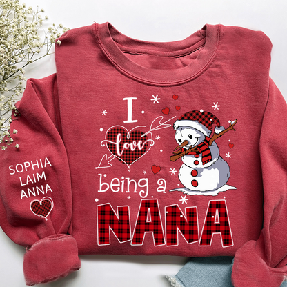 I Love Being a Nana Sweatshirt, Personalized Christmas Snowman Shirt with Kids Names