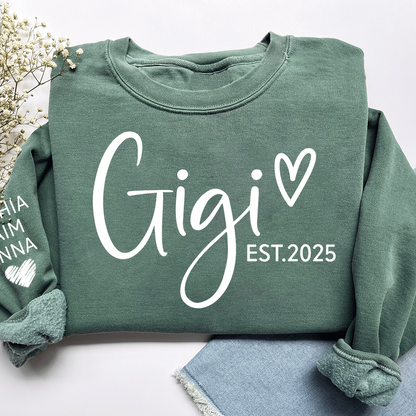 Personalized Gigi Est Heart Sweater, Gift for Grandma and Kids, Unique Gift for Grandma and Family