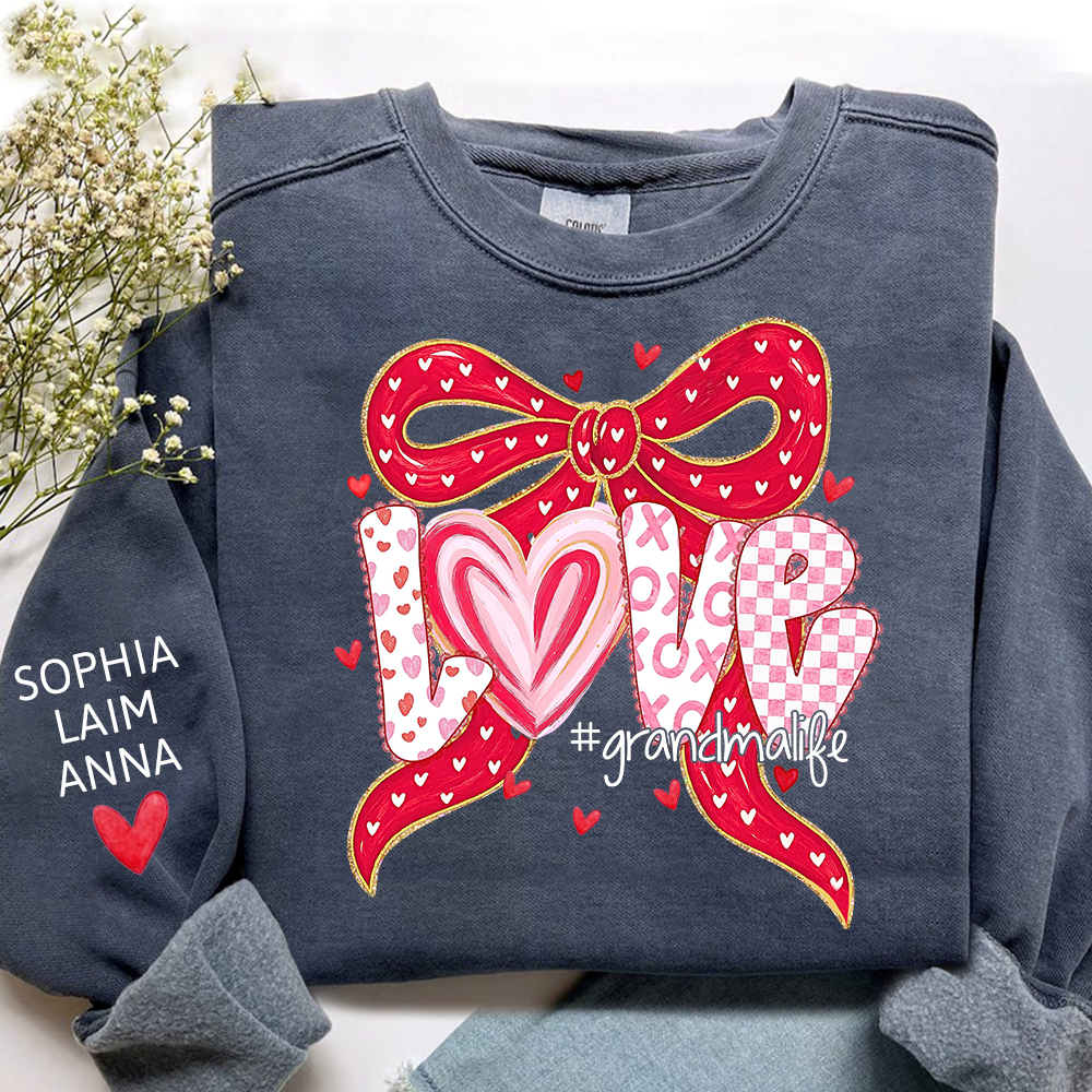 Custom Grandma Life Love Sweatshirt, Heart Bow Valentine Gift