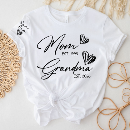 Custom EST Year Mom and Grandma T-Shirt, Personalized Family T-Shirt with Heart Design for Mom & Grandma