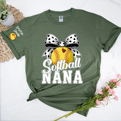 Proud Softball Nana T Shirt, Personalized Kids Names Sports Shirt with Bow Graphic