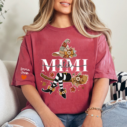 Funny Mimi Witch Shirt, Fall Halloween Grandma Graphic Tee, Personalized Family Names T Shirt, Cozy Autumn Gift for Mimi