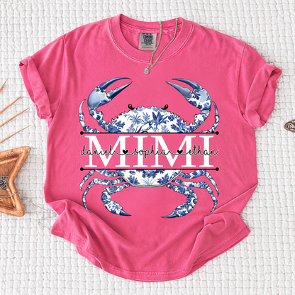 Comfort Colors® Personalized Mimi Shirt, Blue Ocean Crab Graphic Tee, Custom Grandkids Names T Shirt, Cute Coastal Family Gift
