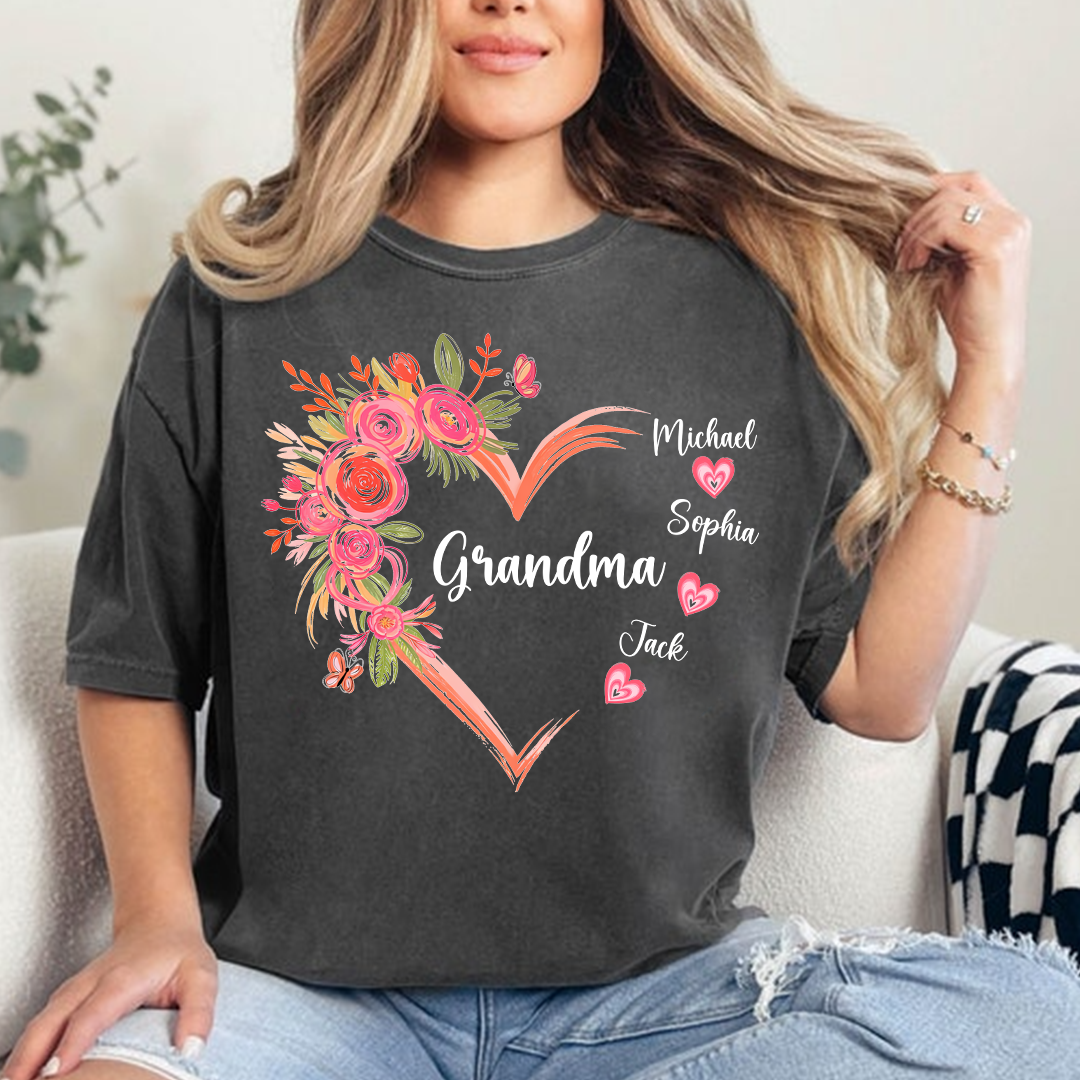 Personalized Grandma Floral Heart Shirt with Grandkids Names, Family Love T Shirt Gift