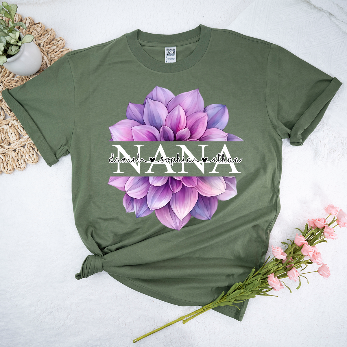 Custom Nana T Shirt with Beautiful Purple Flower, Personalized Grandma Gift with Grandkids Names