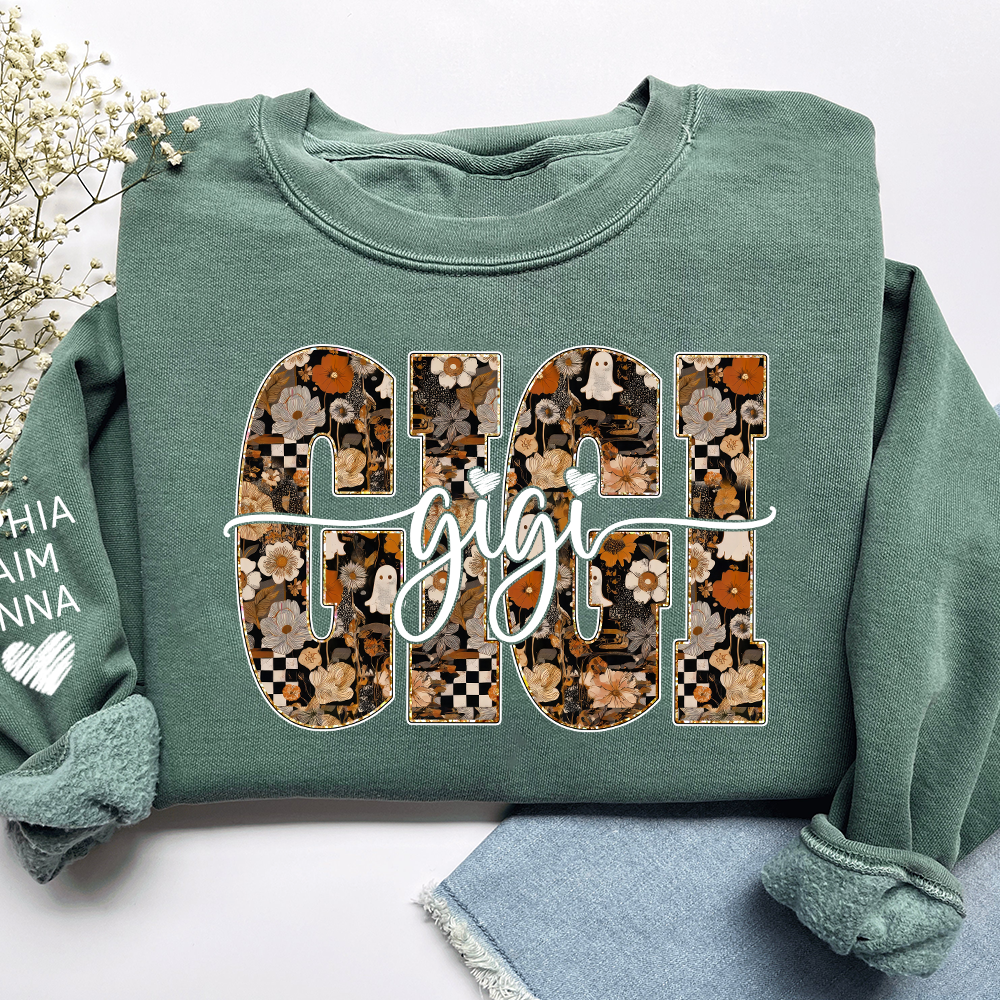 Personalized Gigi Spooky Halloween Sweatshirt with kids’ names on sleeves, Give Family