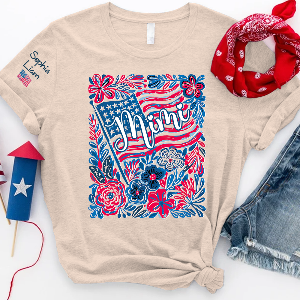 Personalized Mimi Shirt with Kids Names Patriotic Floral Design USA Flag Custom Family Tee