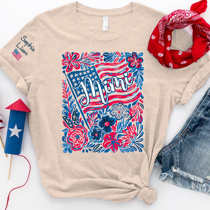 Personalized Mimi Shirt with Kids Names Patriotic Floral Design USA Flag Custom Family Tee