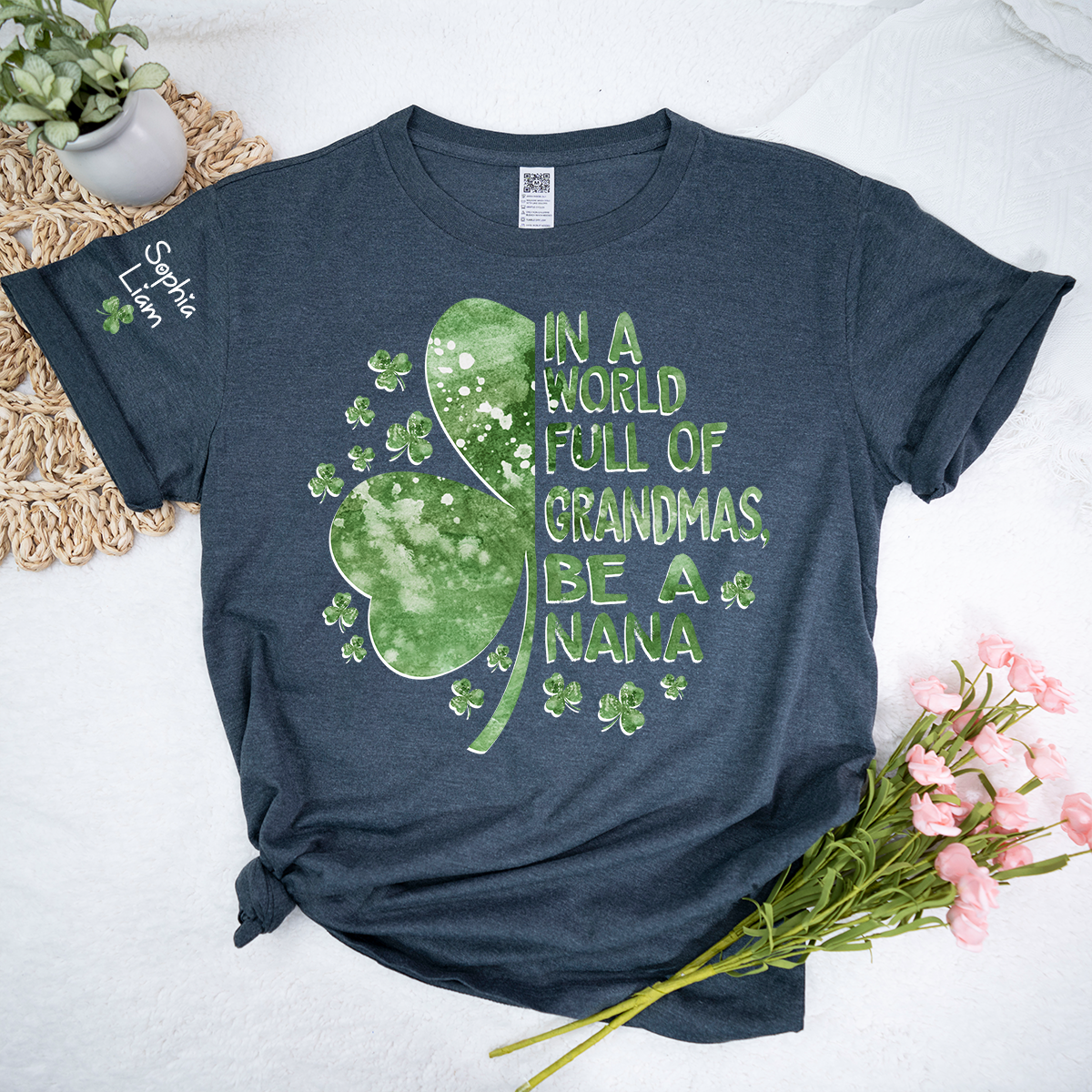 In A World Full Of Grandmas Be A Nana Shirt, St Patrick’s Day Nana Shirt With Shamrock, Personalized Grandma Shirt With Kids Names
