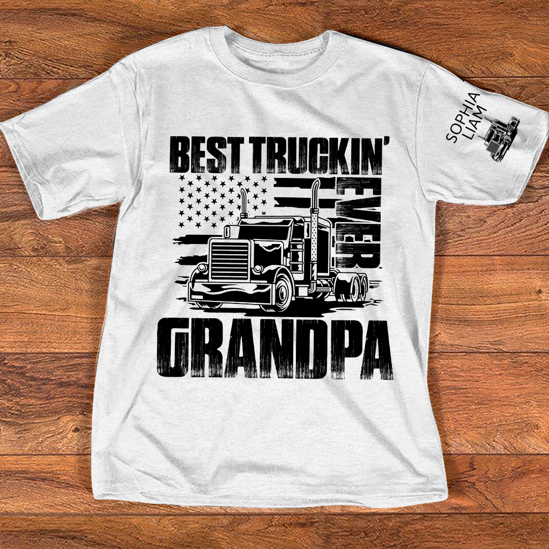 Personalized Best Truckin' Grandpa Ever, 4th July Independence Day American Flag T-Shirt For Gift Grandpa And Kids
