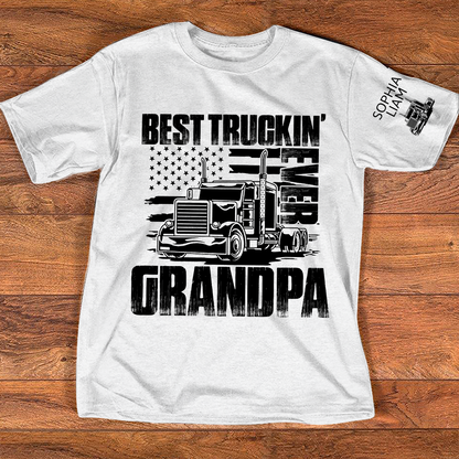 Personalized Best Truckin' Grandpa Ever, 4th July Independence Day American Flag T-Shirt For Gift Grandpa And Kids