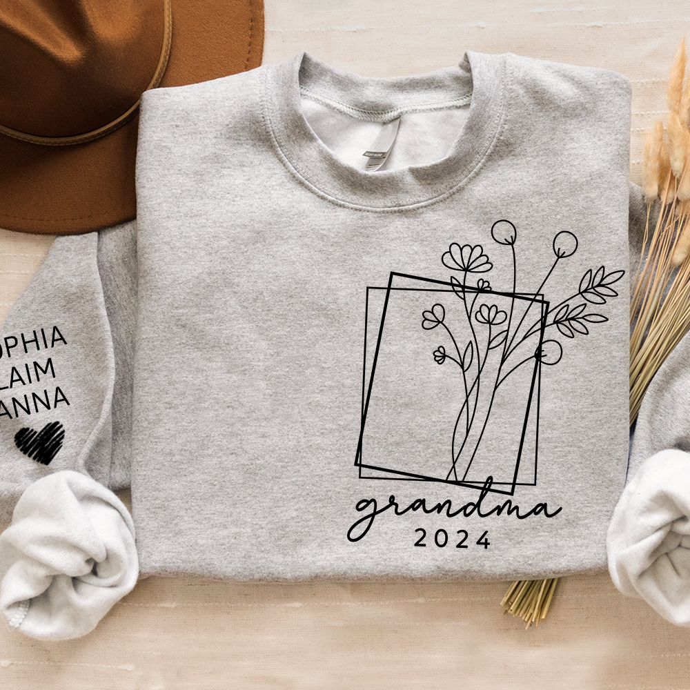 Fall Floral Design Sweatshirt with Flowers, Custom Nickname Grandma And Kids