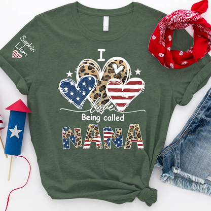 I Love Being Called Nana Shirt with Grandkids Names USA Flag and Leopard Heart Graphic Custom Family Name Tee
