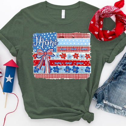 Patriotic Mimi Shirt with Grandkids Names Custom Family Shirt Featuring American Flag and Floral Bow Design