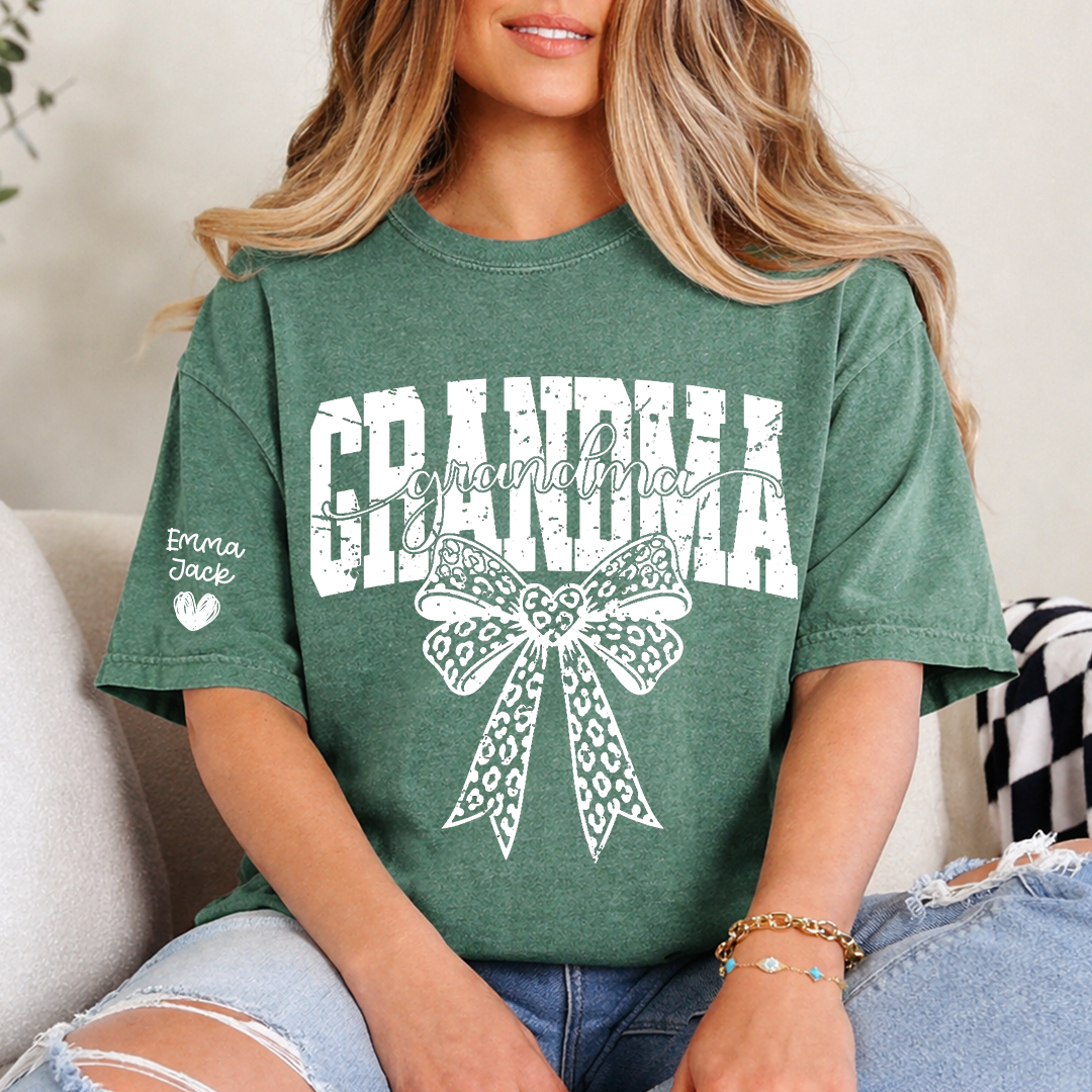 Personalized Grandma T-Shirt with Leopard Print Bow and Custom Grandkids Names