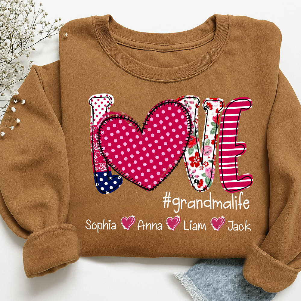 Love Grandma Shirt, Heart Patchwork Sweatshirt with Kids’ Names