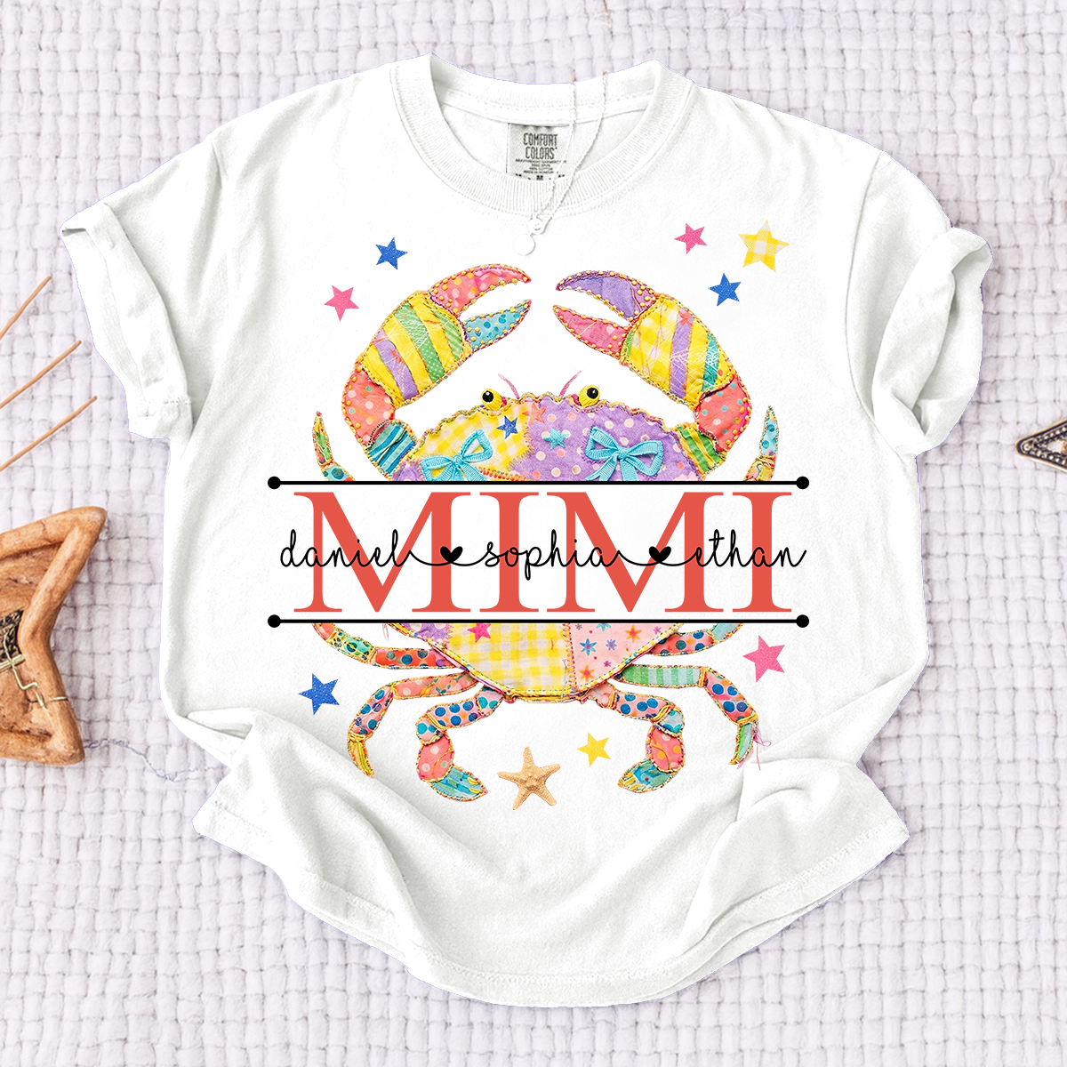 Comfort Colors® Personalized Mimi Crab Shirt with Grandkids Names, Coastal Grandma Tee, Custom Beach Crab Graphic T Shirt, Gift for Mimi from Grandchildren
