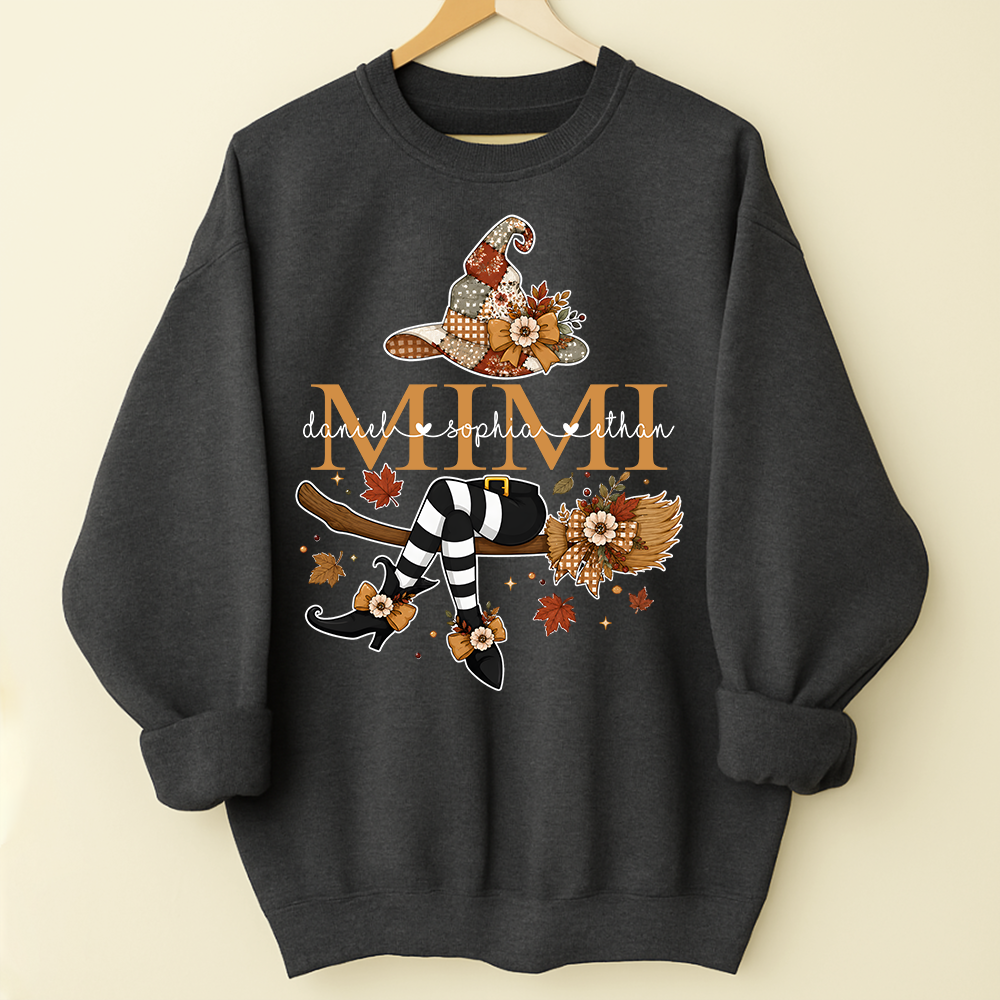 Personalized Halloween Mimi Sweatshirt, Witch Hat Pumpkin Floral Sweatshirt, Custom Kids Names Grandma Fall Outfit