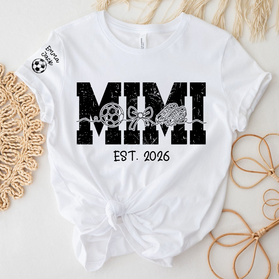 Mimi Est 2026 Soccer Grandma Shirt Personalized Grandkids Names Family T Shirt