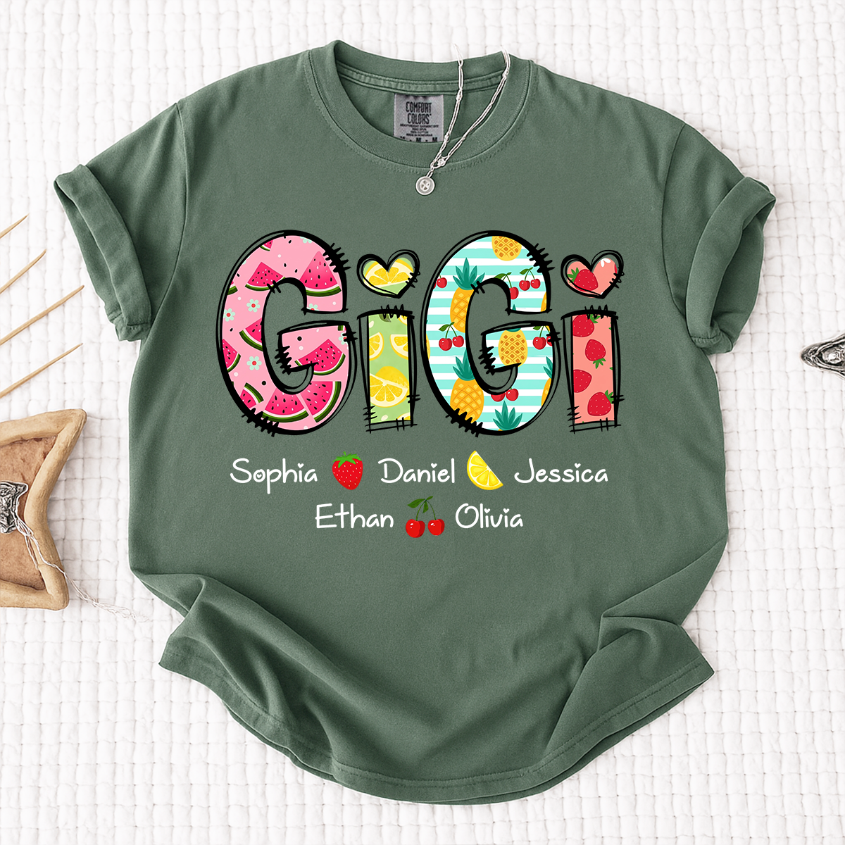 Comfort Colors Custom Gigi Shirt with Kids Names, Personalized Grandma Summer T Shirt, Fruit Pattern Graphic Tee for Nana Mimi Grammy