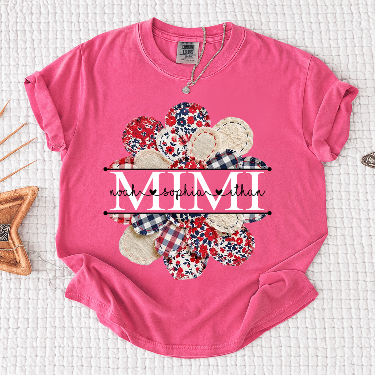 Comfort Colors Custom Mimi T-shirt with Grandkids Names, Red and Blue Floral Patchwork