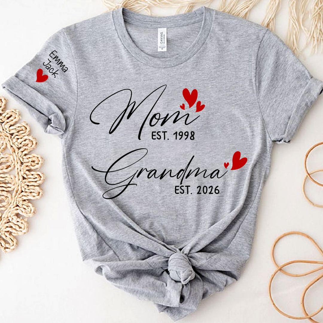 Personalized Mom and Grandma T-Shirt, Custom EST Year T-Shirt with Heart Design for Family