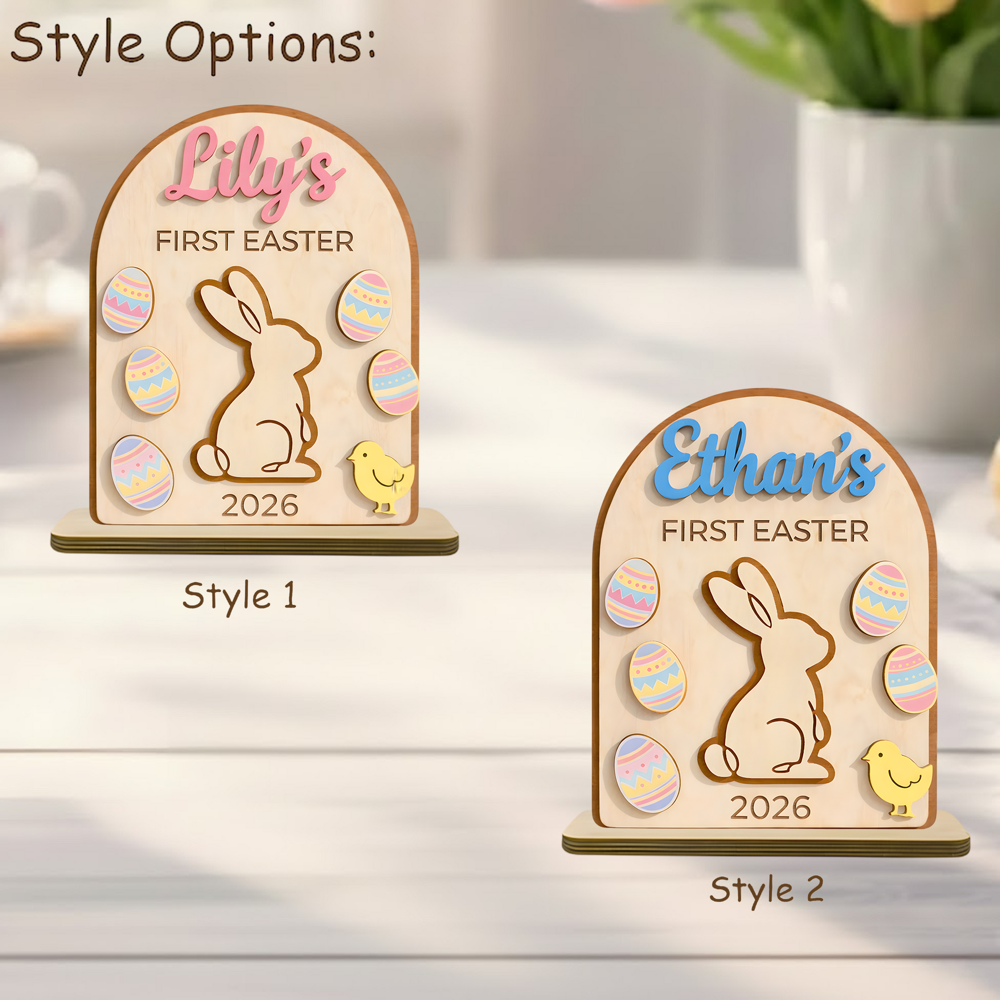 Personalized First Easter Wooden Plaque - Custom Name and Date for Baby Boy or Girl, Cute Bunny and Egg Design