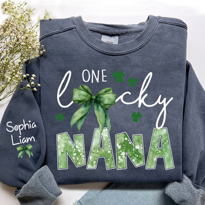 One Lucky Nana Sweatshirt for St Patrick’s Day, Personalized Grandma Shamrock Clover Sweatshirt with Kids Names