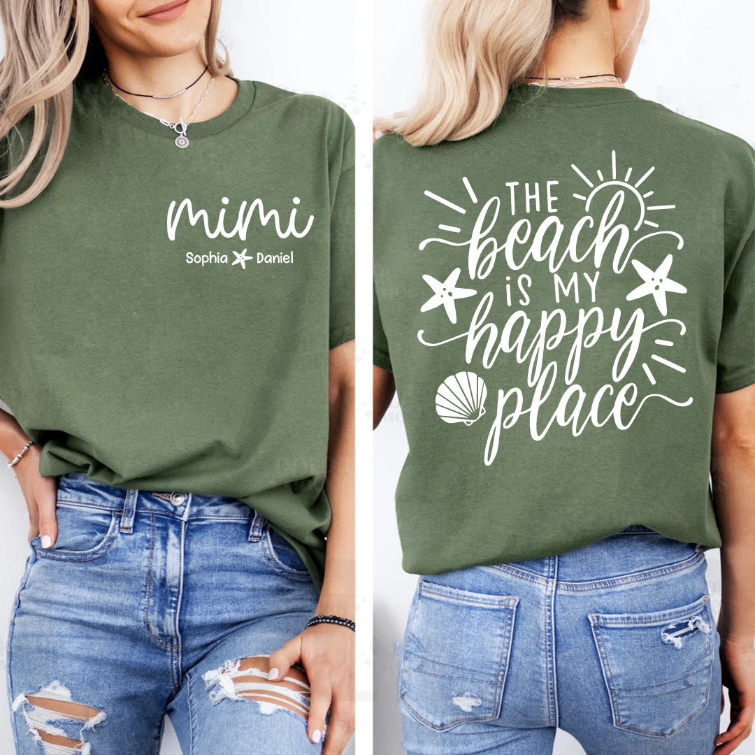 Personalized Mimi The Beach Is My Happy Place Shirt, Custom Grandkids Names T-Shirt, Beach Lover Grandma Gift, Summer Vacation Tee