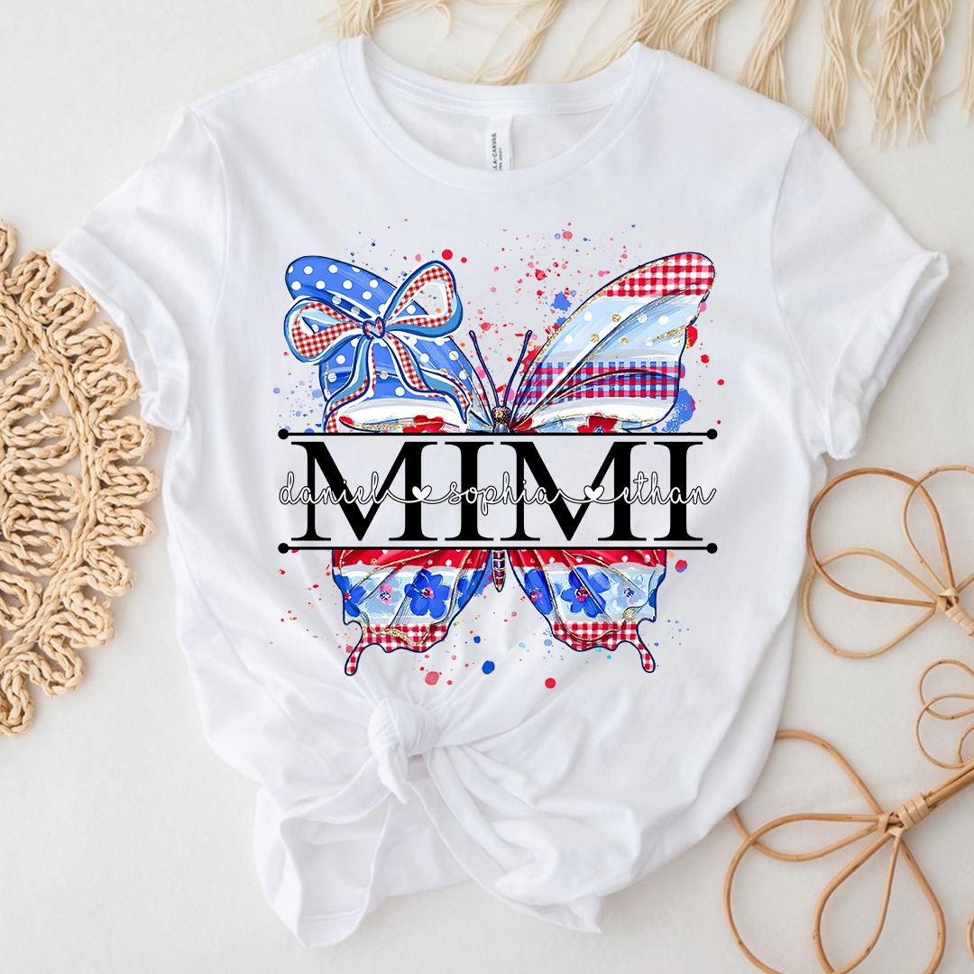 Custom Patriotic Butterfly Mimi T-Shirt, Personalized Grandma Shirt with Red White Blue USA Design