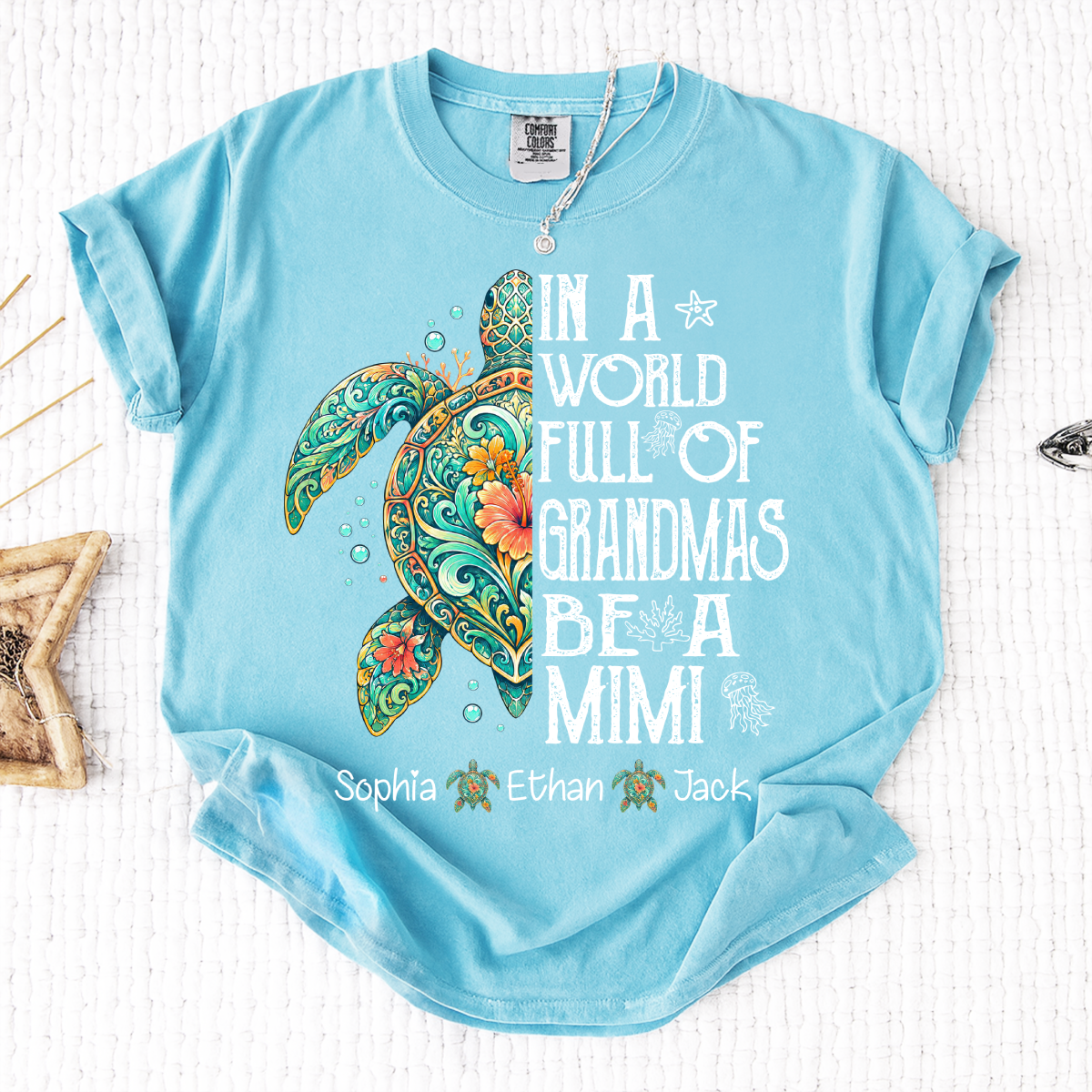 Cute Mimi Turtle Shirt for Women, Personalized Family Names T Shirt, Coastal Sea Life Graphic Tee, Gift for Grandma from Kids