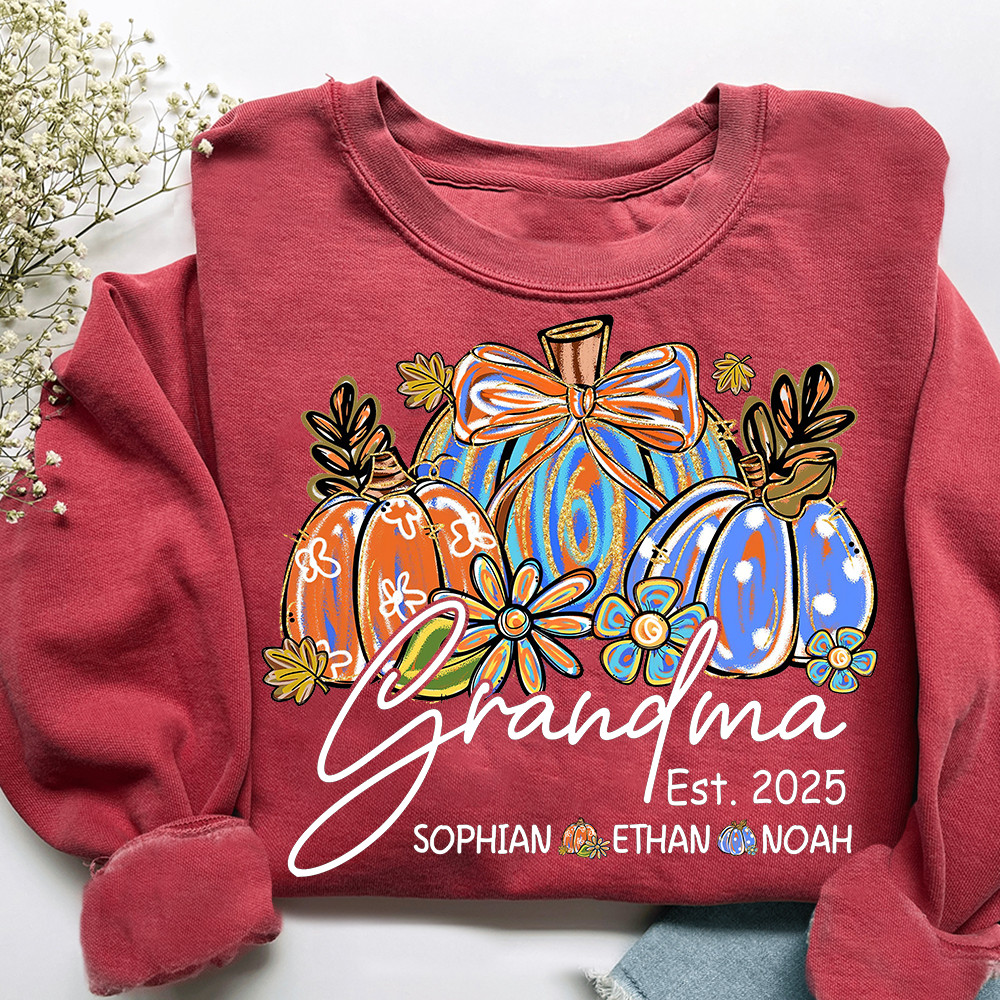 Fall Pumpkin Print Sweatshirt with Pumpkin Brush Pattern, Custom Gifts for Grandma and Grandchild