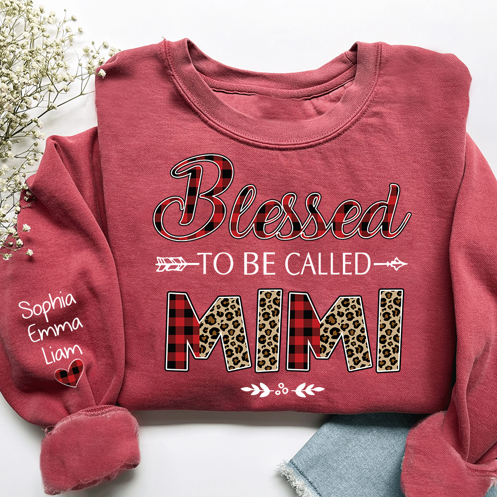 Personalized Blessed To Be Called Nana Sweatshirt With Grandkids Names, Custom Grandma Gift, Leopard Plaid Nana Crewneck