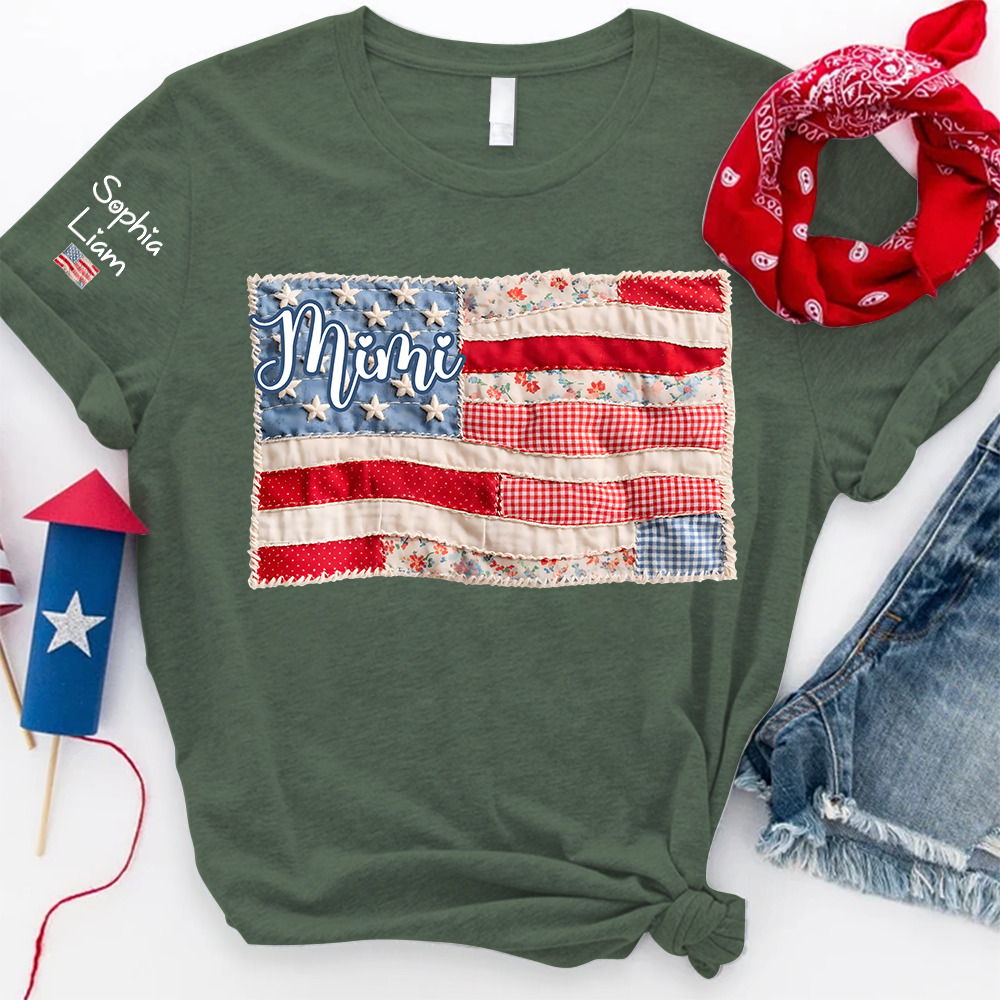 Mimi Shirt with Kids Names Patriotic Patchwork American Flag Design Custom Family Tee