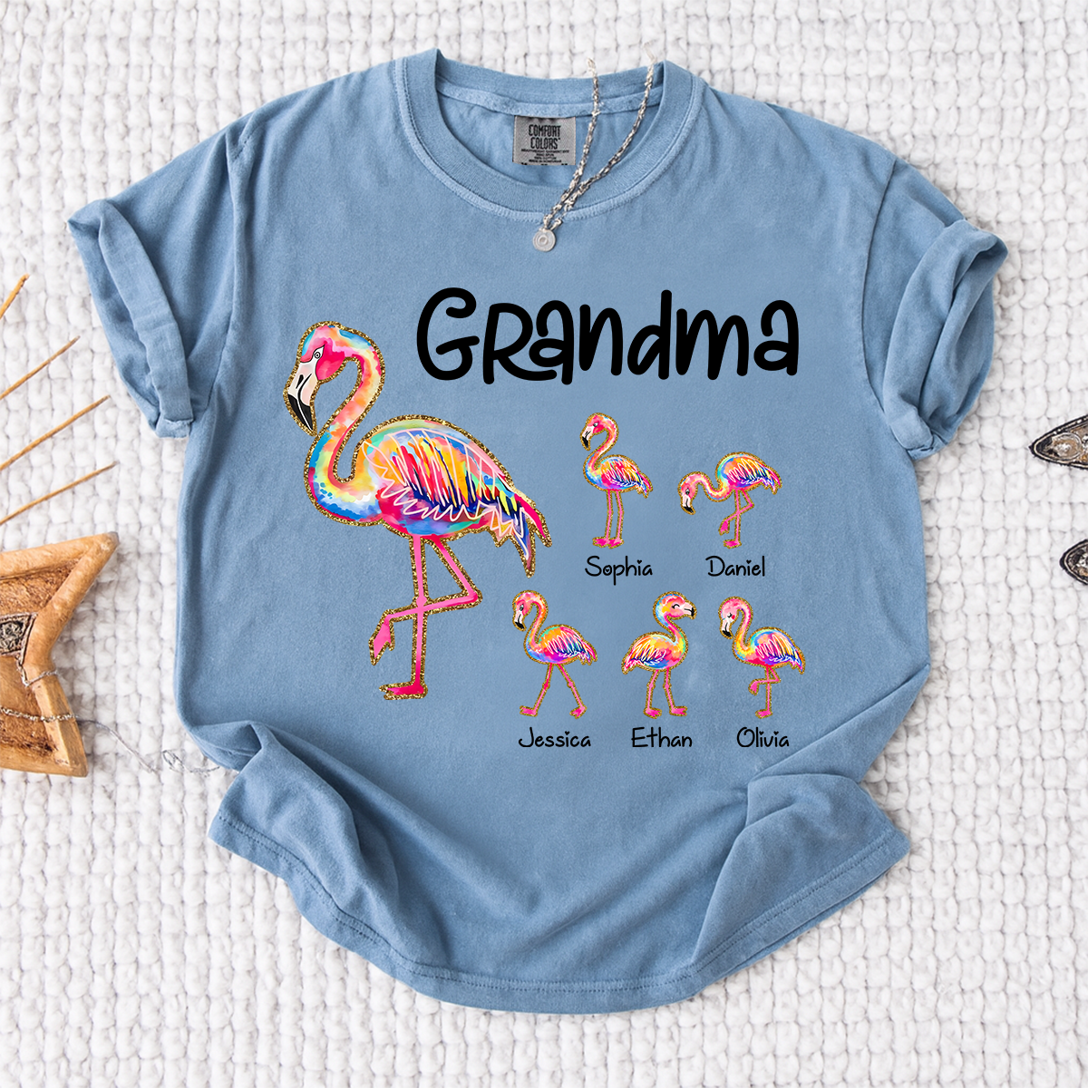 Comfort Colors Custom Grandma Flamingo Tee with Kids Names, Personalized Tropical Bird Shirt for Women, Summer Vacation Family Gift