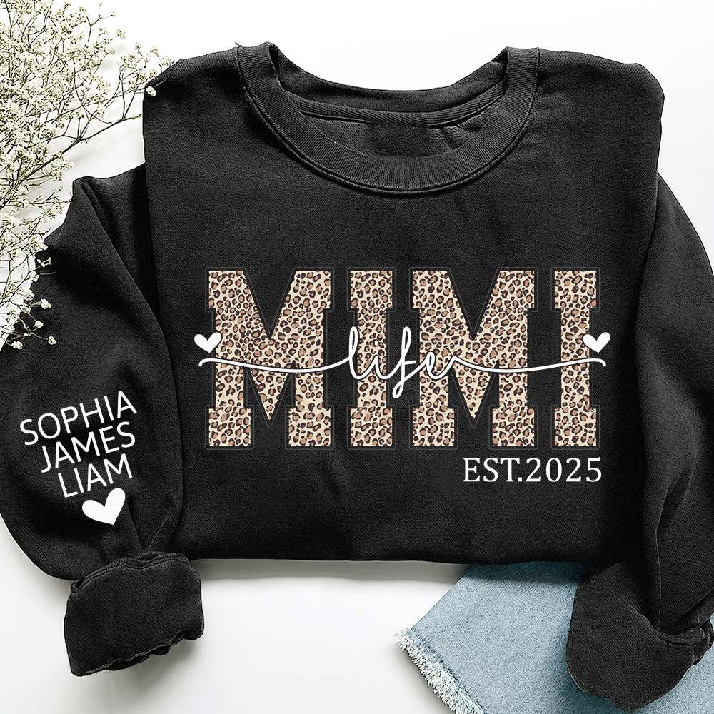 Mimi Life Leopard Sweatshirt, Personalized Grandma Est With Grandchildren Names