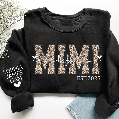Mimi Life Leopard Sweatshirt, Personalized Grandma Est With Grandchildren Names